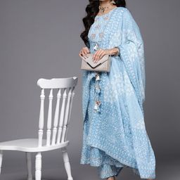 KSUT Women Blue Pure Cotton Embroidered Gotta Patti Kurta with Trousers & With Dupatta-image-20