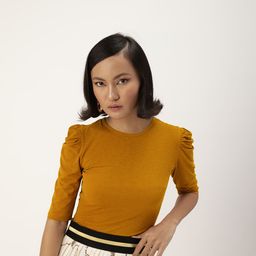 Veni Vidi Vici Charming Mustard Yellow Power Shoulders Top-image-17