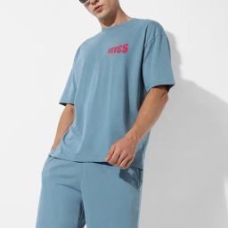 Campus Sutra Blue Regular Fit Oversized Happy Waves Printed Co-Ord Set-image-30
