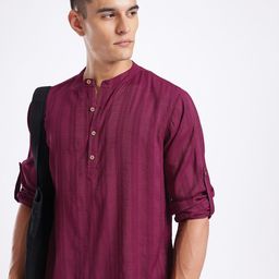 Anouk Rustic Striped Band Collar Sleeves Roll-Up Sleeves Kurta-picture-31