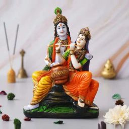 eCraftIndia Multicolor Polyresin Radha Krishna Idol Sitting On Rock Playing Flute Matki Showpieces-image-26