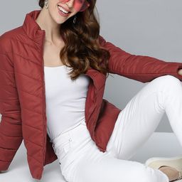 HERE&NOW Women Maroon Padded Jacket-image-40
