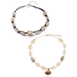 Oomph White Black & Gold Sea Shell Bohemian Beachwear Fashion Choker Necklace - Set of 2-9