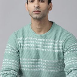 Roadster Men Sea Green & White Striped Pullover-image-3