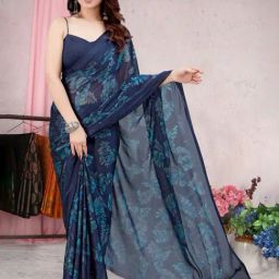 MIRCHI FASHION Navy Printed Saree With Unstitched Blouse-picture-28