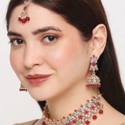 OOMPH Red Marron Beads & Kundan Choker Necklace Set with Jhumka Earrings & Maangtikka-image-65