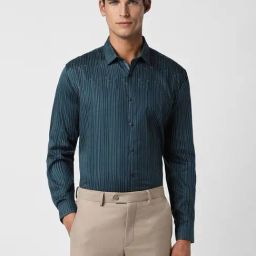 V Dot Green Cotton Slim Fit Striped Shirt-image-27