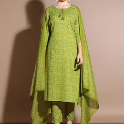 Anouk Green Floral Printed Sequinned Pure Cotton Kurta Straight With Trouser & Dupatta-31