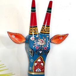 Atrangi Studio Blue & Red Printed Wooden Cow Wall Decor Mask-image-37