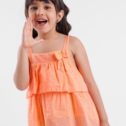 Babyhug Sleeveless Swiss Dot Woven Top With Bow & Frill Detailing - Peach-picture-16
