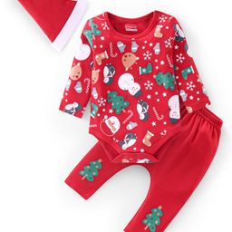 Babyhug 100% Cotton Full Sleeves Onesie & Legging with Cap Christmas Theme - Red-image-10