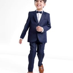 Babyhug Full Sleeves Party Suit with Stretch & Bow - White & Navy Blue-image-50