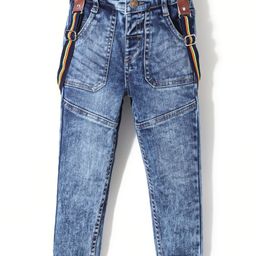 Babyhug DENIM Washed Full Length Jeans With Stretch & Suspender - Blue-image-98