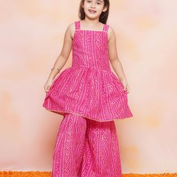 AJ Dezines Sleeveless Bandhej Designed & Gota Lace Embellished Coordinating Kurta & Sharara Set - Pink-image-6