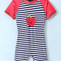 ROVARS Lycra Half Sleeves  Legged Swimsuit Striped & Apple Patch - Navy Red-19