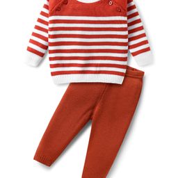 Babyhug Knit Full Sleeves Striped Sweater Set - White & Rust Orange-image-84