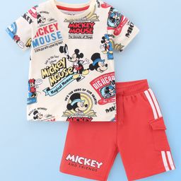 Babyhug Disney Single Jersey Knit Half Sleeves T-Shirt And Shorts Set With Mickey Mouse Family Print - Off White & Red-image-20
