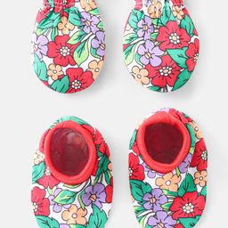 Babyhug 100% Cotton Knit Floral Print Mittens and Booties - Red-picture-16