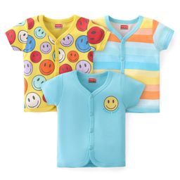 Babyhug 100% Cotton Knit Half Sleeves Front Open  Vests With Emoji Print Pack of 3 - Multicolor-20