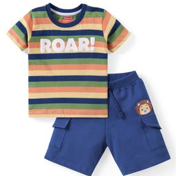 Babyhug Cotton Knit Half Sleeves Striped T-Shirt & Shorts Set With Text Print & Lion Patch - Multicolor-image-30