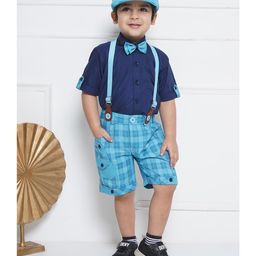 AJ Dezines Cotton Half Sleeves Solid  Shirt With Checked Shorts Bow Cap &  Suspender Set -  Blue-image-12