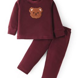 Kanvin Fleece Woven Full Sleeves Winter Wear Set With Bear Patch - Maroon-image-56