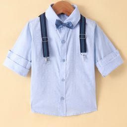 Robo Fry Woven Full Sleeves Solid Colour Shirt with Bow & Suspender - Sky Blue-image-53