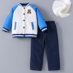 Kookie Kids Full Raglan Sleeves Front Open Winter Wear Set With Teddy Appliques - Blue & White-image-79