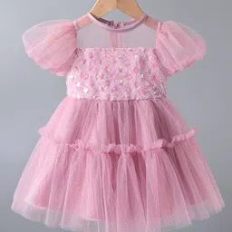 Kookie Kids Half Sleeves Frock With Sequin Detailing - Pink-picture-10