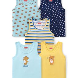 Babyhug 100% Cotton Sleeveless Sandos With Teddy Bear & Star Print Pack Of 5 - Blue & Yellow-picture-28