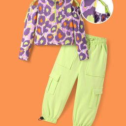 Ollington St. Cotton Full Sleeves Printed Zipper Top & Knit Cargo Jogger - Purple & Lime Green-image-91