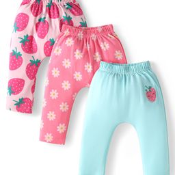 Babyhug Interlock Knit Full Length Diaper Leggings with Strawberry & Floral Print - Pink & Light Blue-image-30