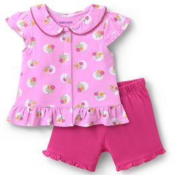 Babyoye 100% Cotton Knit With Eco Jiva Finish Half Sleeves T-Shirt & Shorts Set with Floral Print - Pink-image-91