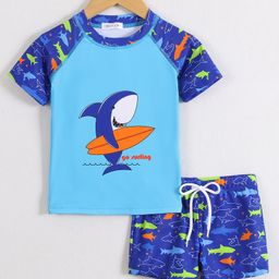 Mark & Mia Half Raglan Sleeves Two Piece Swimsuit with Shark Print -Blue-picture-27