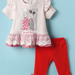 ToffyHouse Knit Half Sleeves Top & Lounge Pant Set With Heart Print & Floral Embroidery - Beige & Red-picture-28