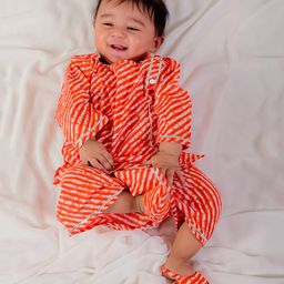 BownBee Pure Cotton Full Sleeves Leheriya Printed & Lace Embellished Dhoti Kurta With Booties Set - Orange-image-14