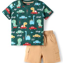 Babyhug Single Jersey Knit Half Sleeves Dino Printed T-Shirt & Shorts Set - Green & Beige-image-3