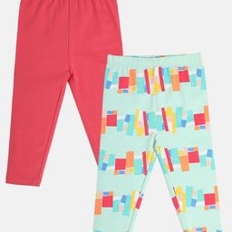 MINI KLUB Cotton Pack Of 2 Solid & Abstract Printed Leggings - Multi Colour-image-52