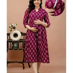 CeleBravo Cotton Three Fourth Sleeves Floral Motifs Printed Maternity Dress With Nursing Access - Wine-picture-18