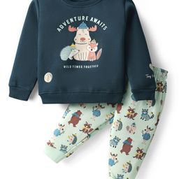 CUCUMBER Fleece Knit Full Sleeves Winter Wear Night Suit With Animal Print - Navy Blue-image-63