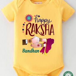 BLUSHES 100% Cotton Knit Raksha Bandhan Theme Half Sleeves Happy Raksha Bandhan Text Printed Onesie - Yellow-image-81