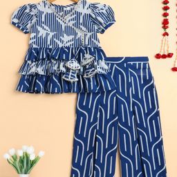 The Magic Wand Cotton Woven Half Puffed Sleeves Striped & Gota Lace Embellished Top & Pant Set - Navy Blue-picture-24