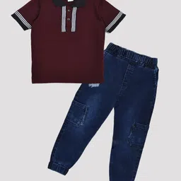 Kiwi Cotton Knit Half Sleeves Striped Placket Polo Tee & Denim Jeans Set - Maroon & Blue-picture-0