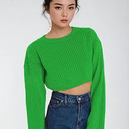 Kotty Women Cotton Solid Round Neck Long Sleeves Crop Pullover-picture-23