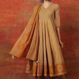 KIMAYRA Chevron Printed V Neck Angrakha Anarkali Pure Cotton Kurta With Palazzos & Dupatta-16
