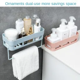 zucur Pack of 2 Plastic Rectangular Multipurpose Wall Shelves with Towel Hanger Shelf Plastic Wall Shelf image 4