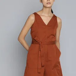 ether Rust Brown Pure Cotton Solid V-Neck Playsuit-picture-21