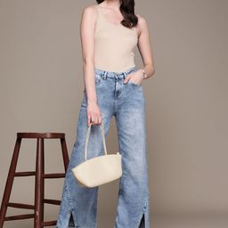 bebe Women Ice Denim Daze Front Slit High-Rise Flared Stretchable Jeans-image-67