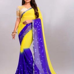 APNISHA Yellow & Blue Printed Saree With Unstitched Blouse-image-18