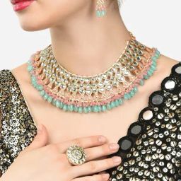 Zaveri Pearls Multicolor Kundan Beads Meenakari Choker Necklace Earring & Ring Set-ZPFK15090-47